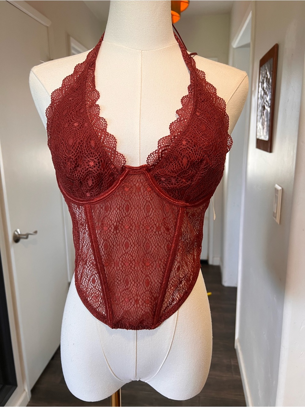 Urban Outfitters Burgundy Lace Halter Bodysuit